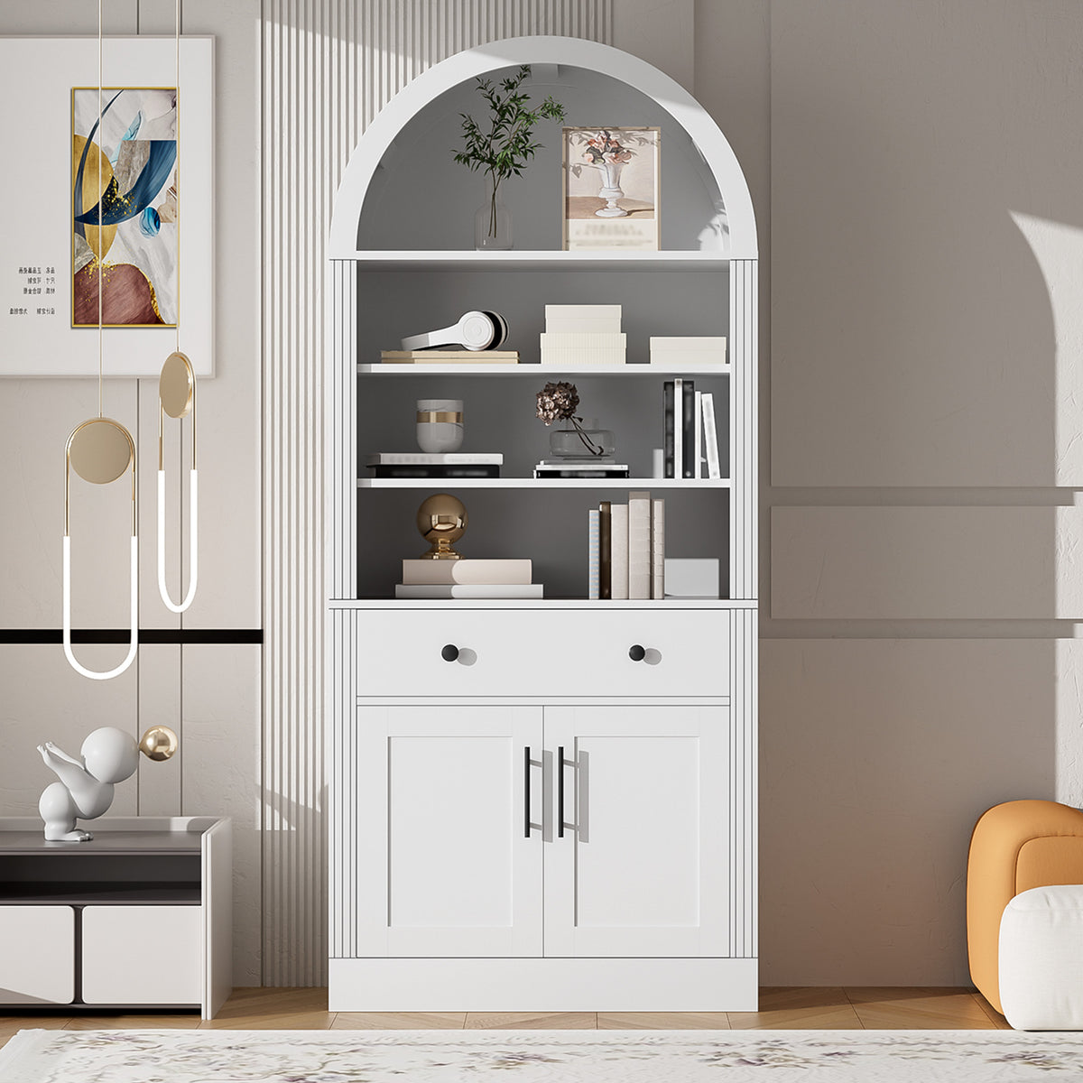 Arched Storage Cabinet, 1 Drawer, Doors, 70.9 in Tall, 31.6 in Wide