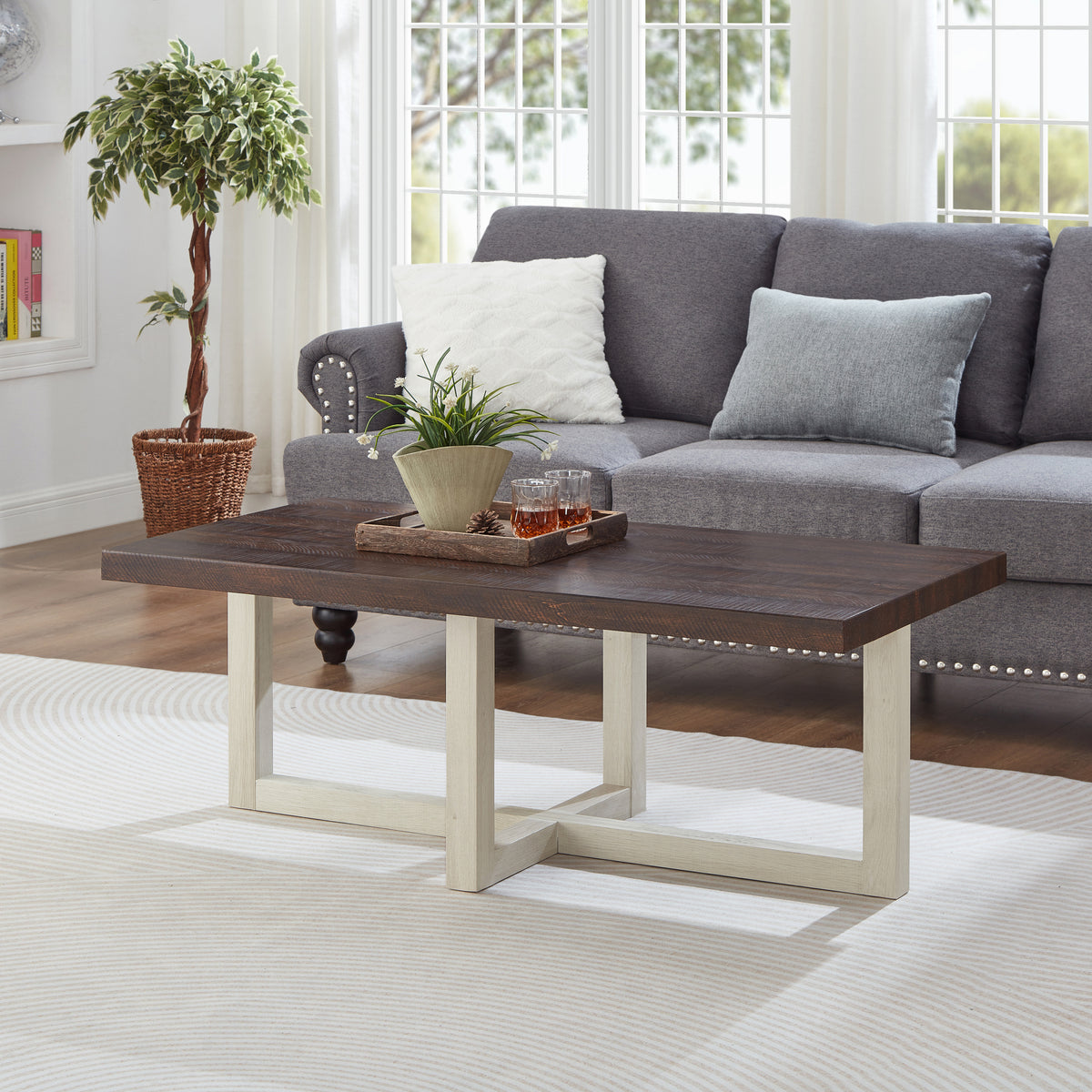 Walnut and White Cross-Base Rectangular Coffee Table, 47.5 in