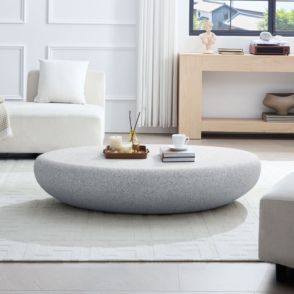 Gray Fiberglass Stone-Look Pebble Coffee Table, 53.4 in