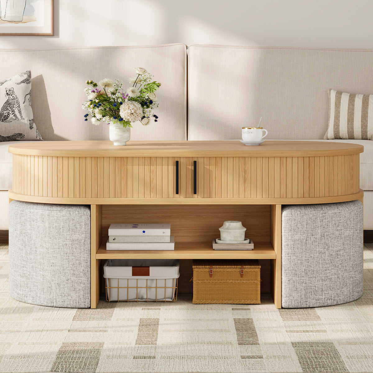Oak Fluted Oval Coffee Table with Storage and 4 Stools, 47.1 in