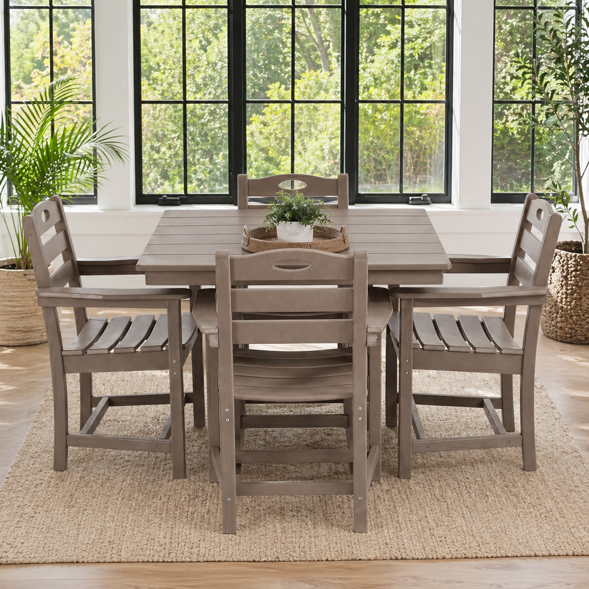 Brown HDPE 5-Piece Patio Dining Set for 4 with Umbrella Hole