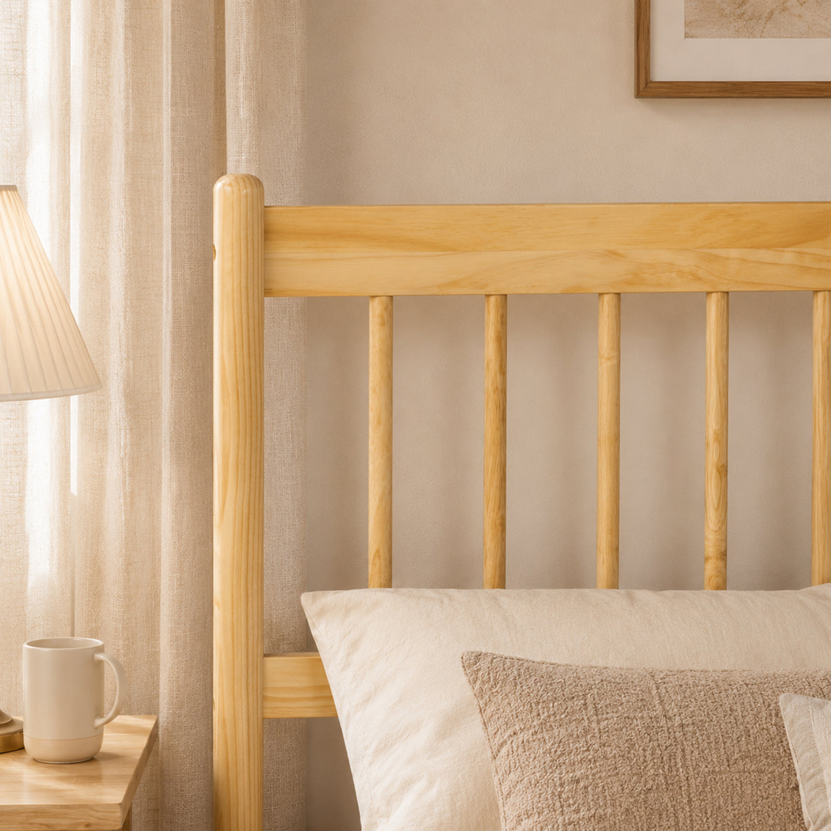 Close-up of the natural pine headboard with rounded corner post and spindles in a styled bedroom