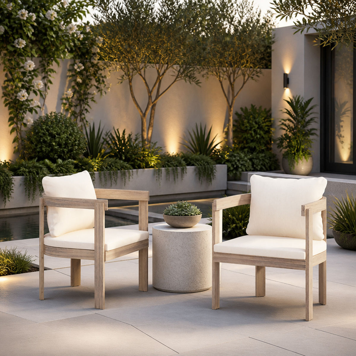 White Solid Wood Outdoor Dining Chair with Cushions, Set of 2, with Arms