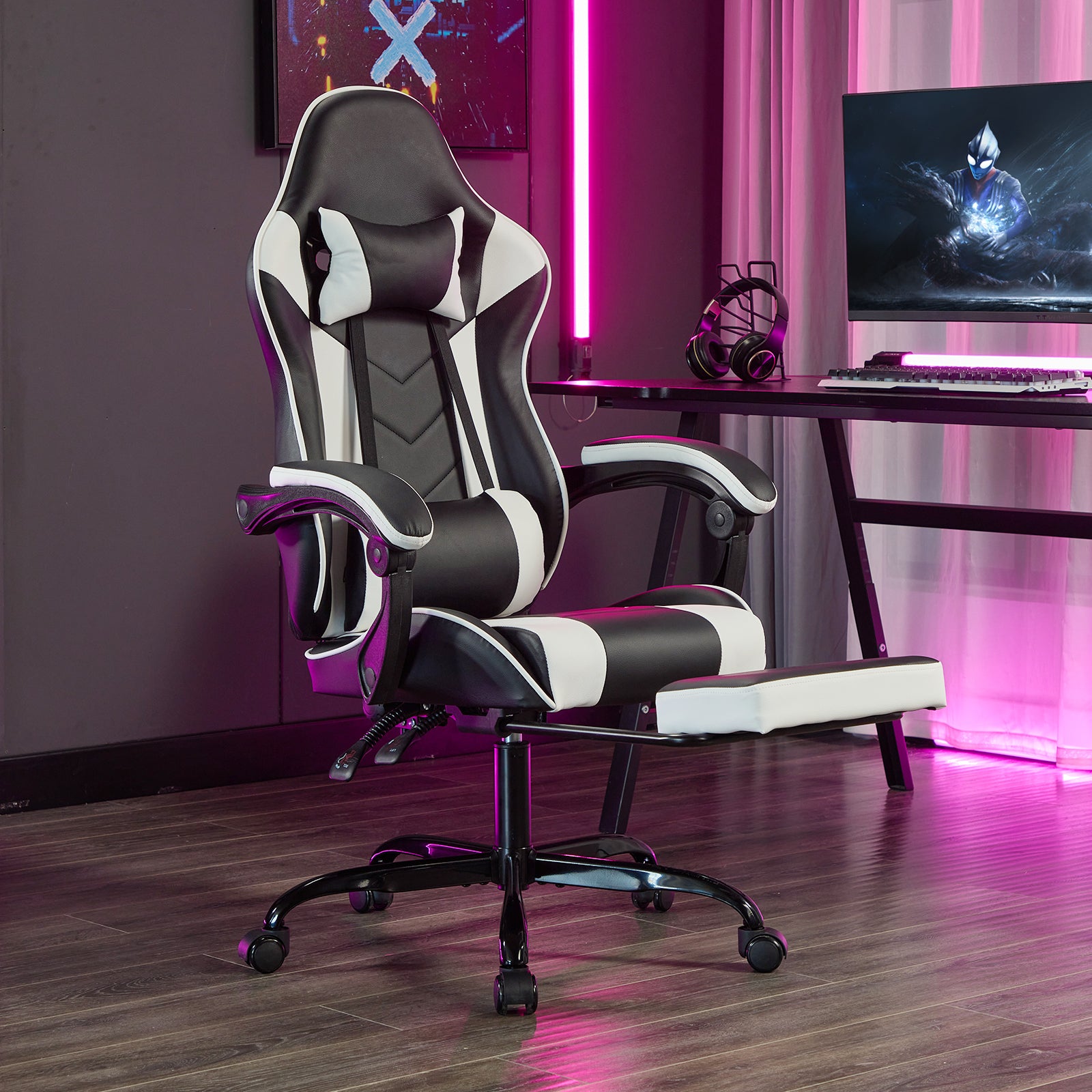 Black White Vegan Leather Gaming Chair, Massage, Reclining