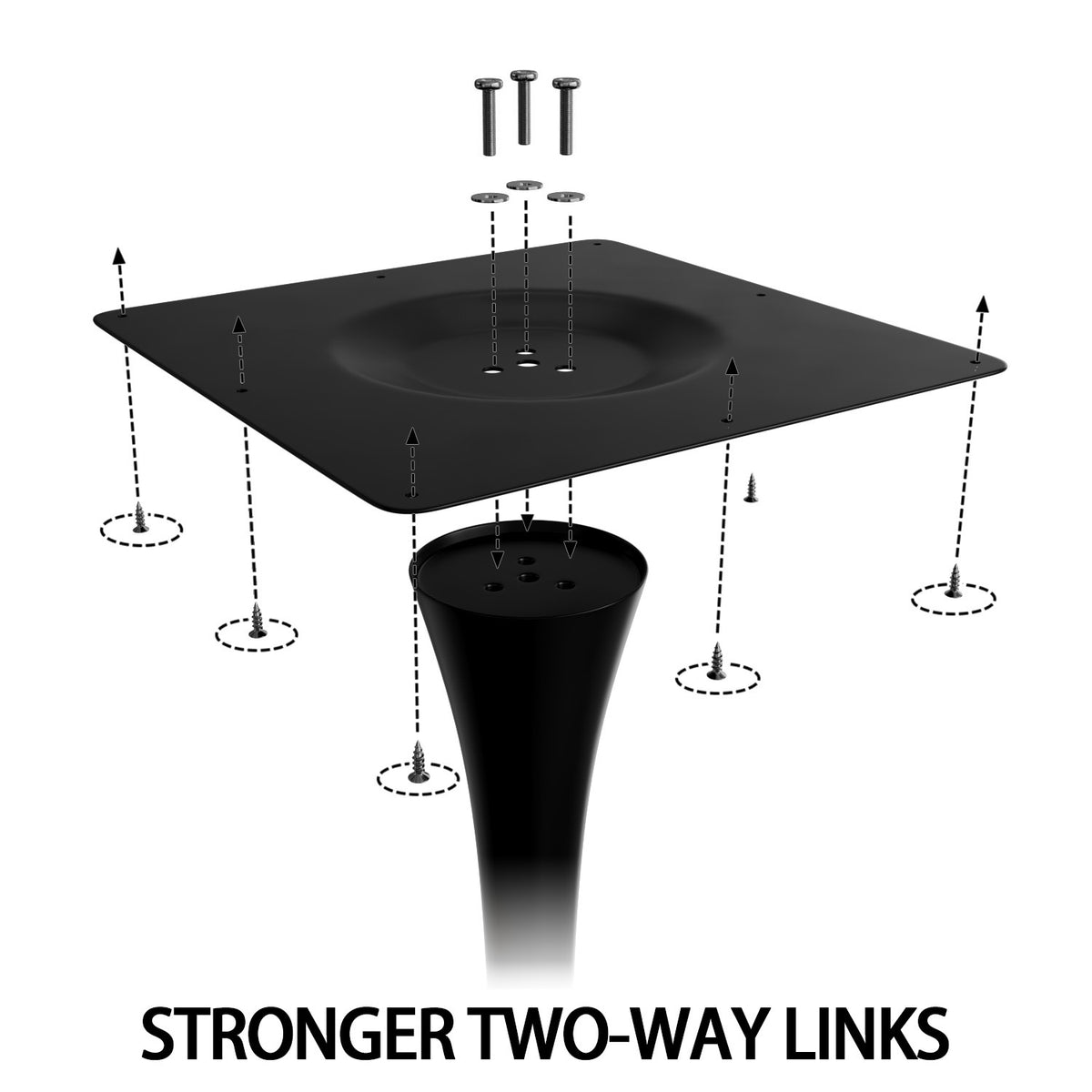 Exploded assembly diagram of the black tulip table top plate and pedestal column with screws