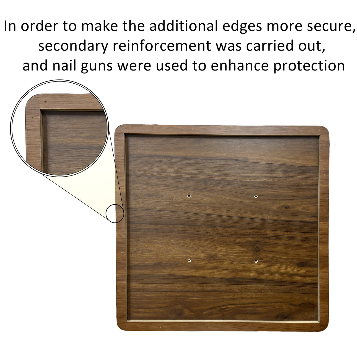 Underside view of the walnut square tabletop with a corner close-up showing edge reinforcement