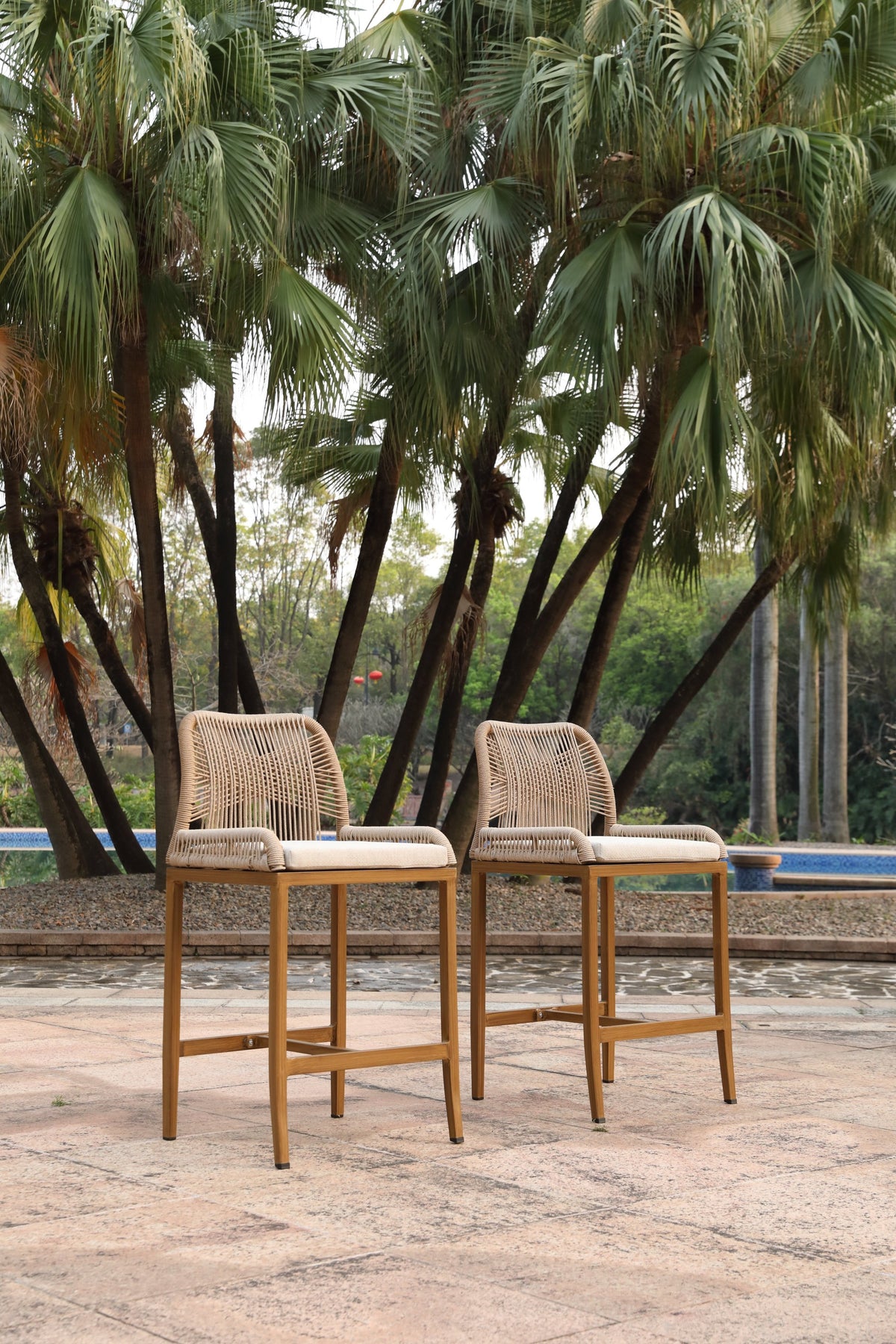 Aluminum Outdoor Counter Stool, Set of 2, 38.6 in Tall, Ivory Cushion