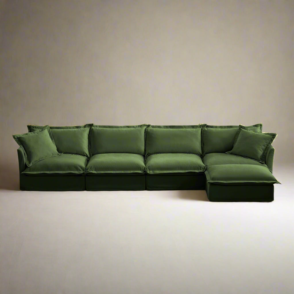 Fluffy 4-Seat Modular Sofa in Chenille Olive with 1 ottoman #OttOnly_1 #Fabric_Chenille Olive