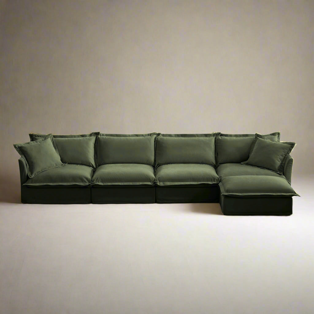Fluffy 4-Seat Modular Sofa in Chenille Olive with 1 ottoman #OttOnly_1 #Fabric_Chenille Olive