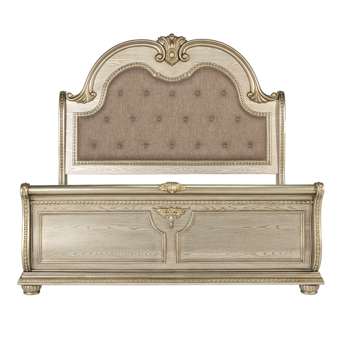 King Size Sleigh Bed Frame, Tufted Polyester, Gold Champagne