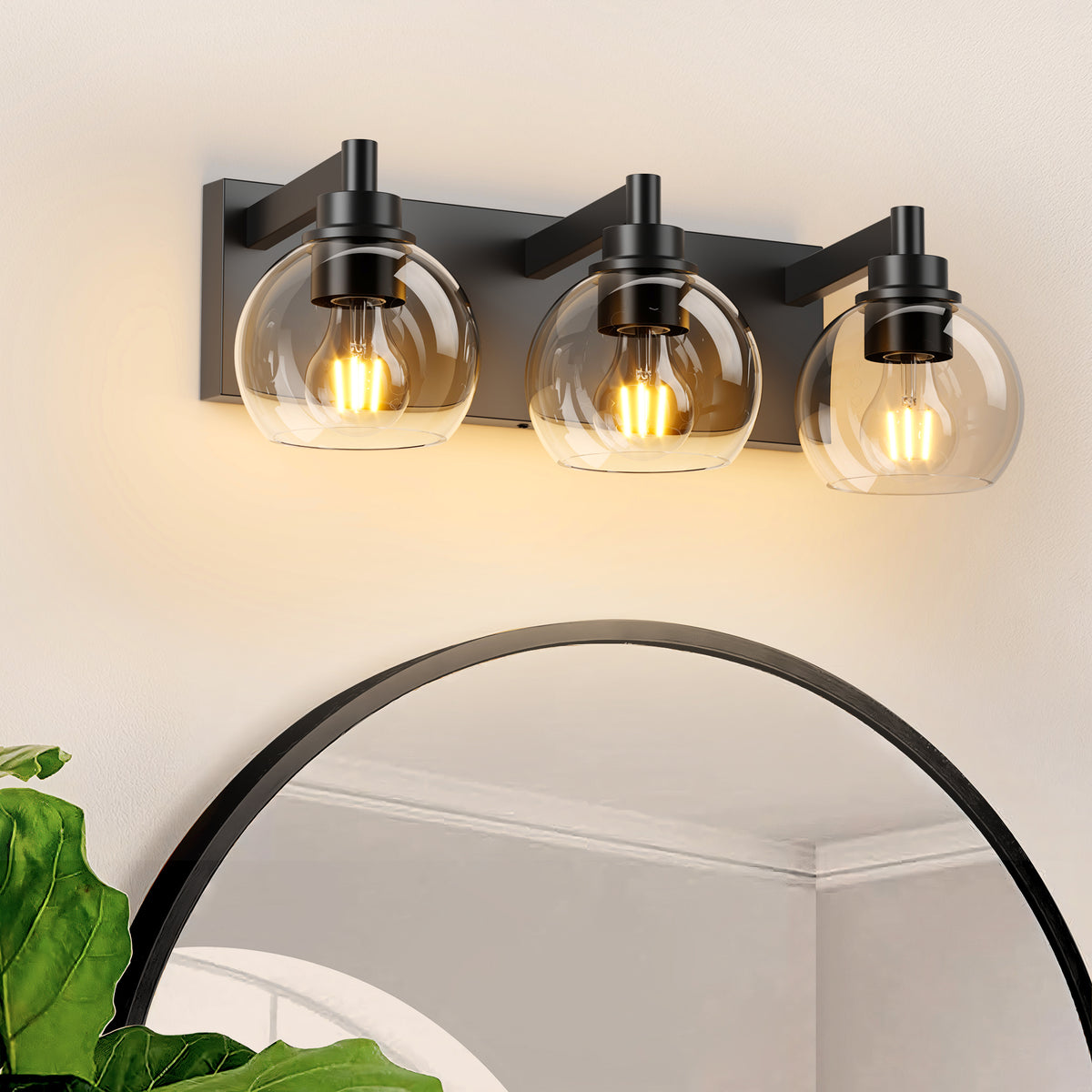 Black Modern 3-Light Vanity Light, 19 in, glass Shade