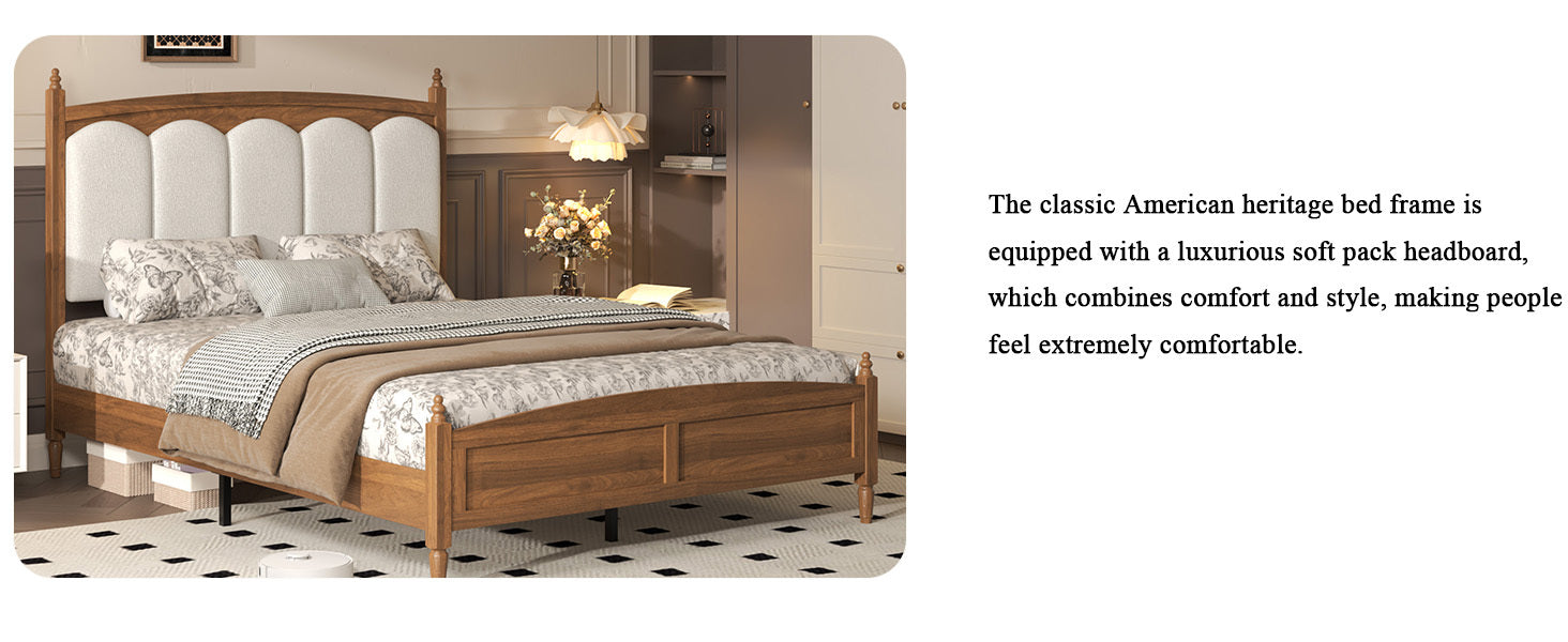 Side-angle room view of the vintage queen bed frame highlighting the soft padded cream headboard