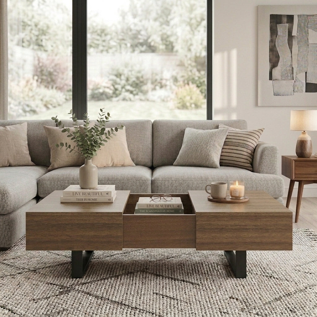 Walnut Sliding-Top Rectangular Coffee Table with Storage, 42.8 in