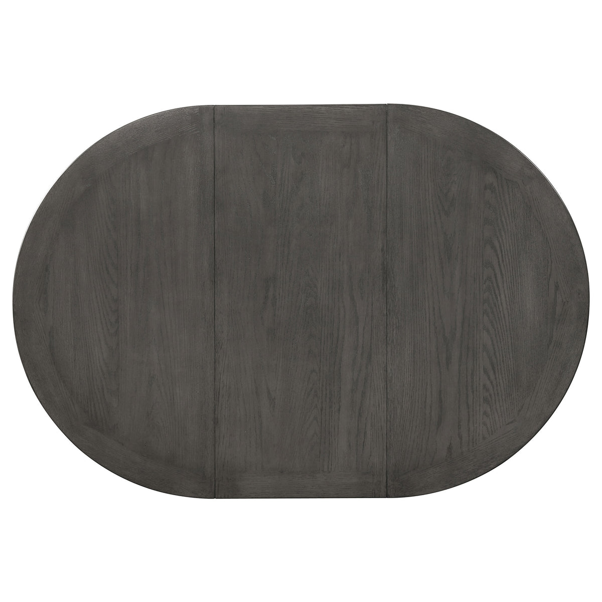 Overhead view of the grey oval tabletop