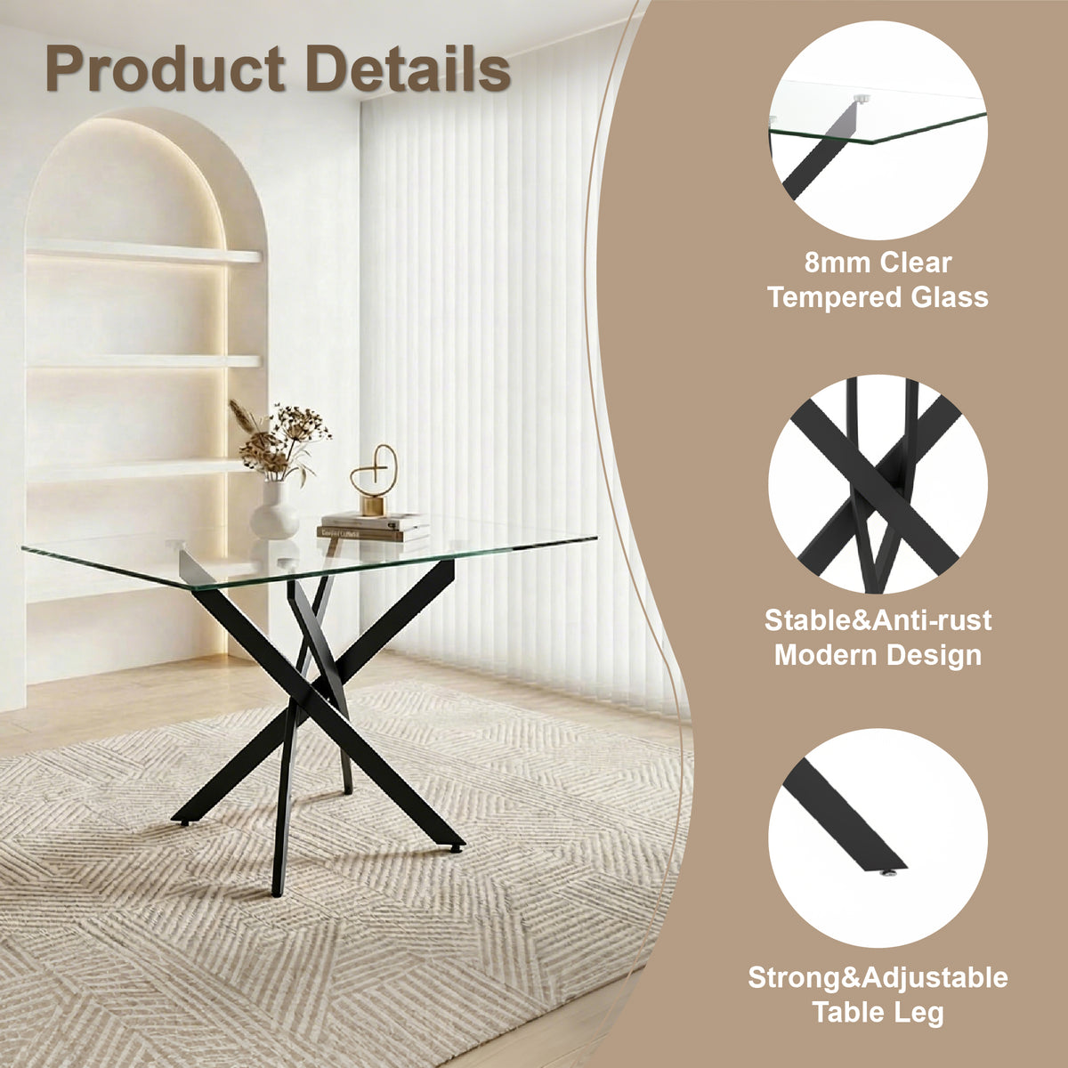 Product details graphic noting 8mm clear tempered glass, anti-rust base and adjustable legs
