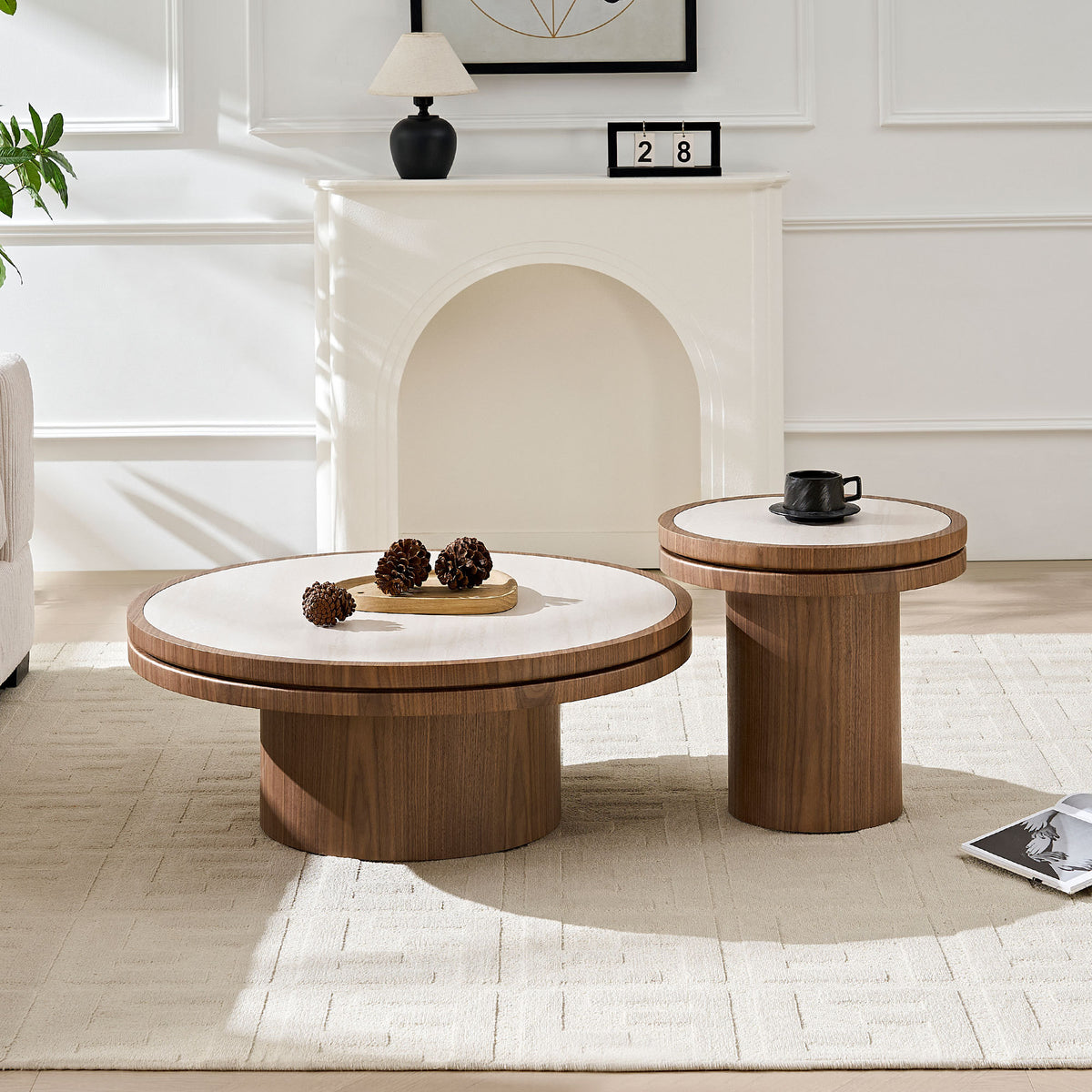 Walnut Sintered Stone Round Pedestal Coffee Table, 35.4 in, Set of 2