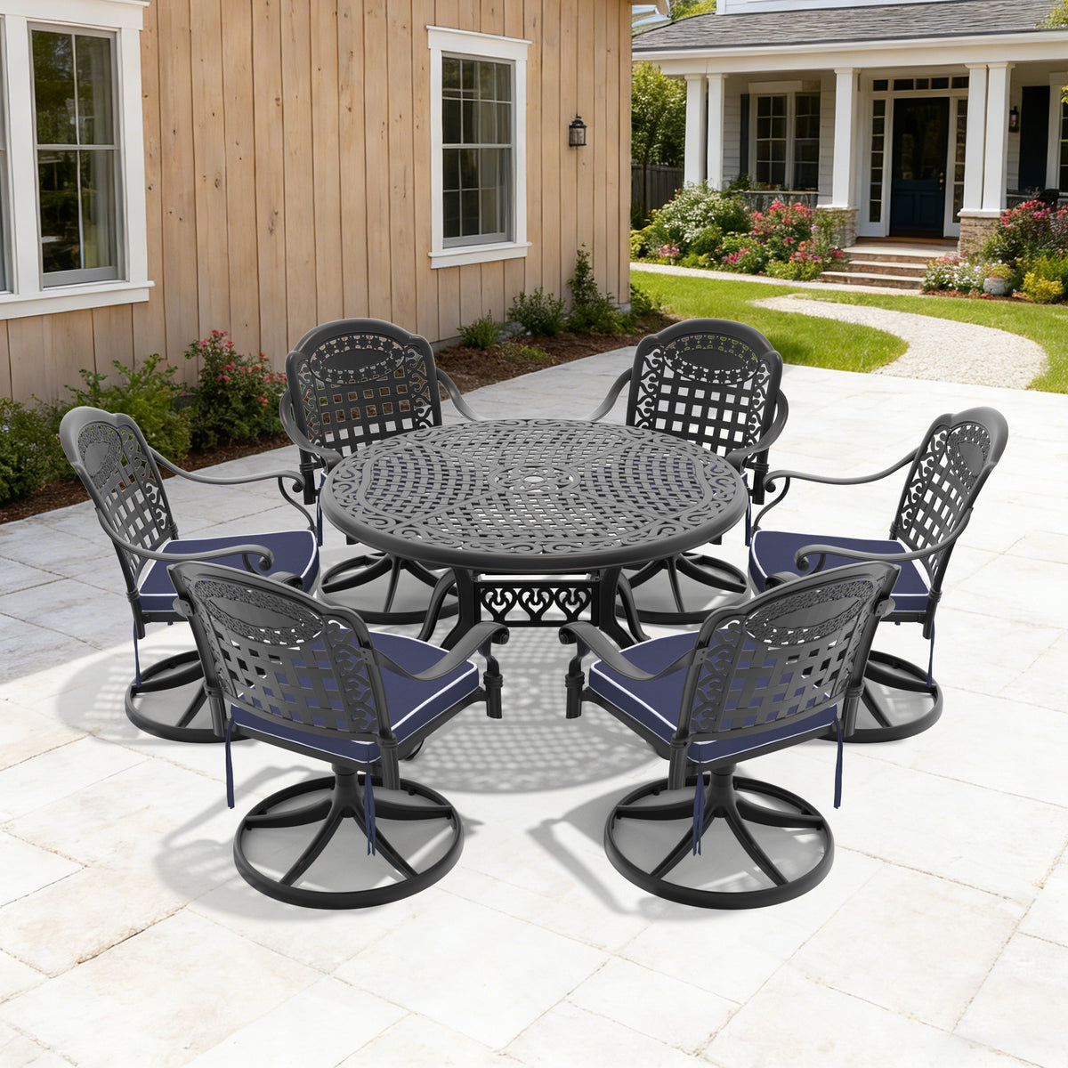 Black Aluminum 7-Piece Patio Dining Set for 6 with Cushions, Round