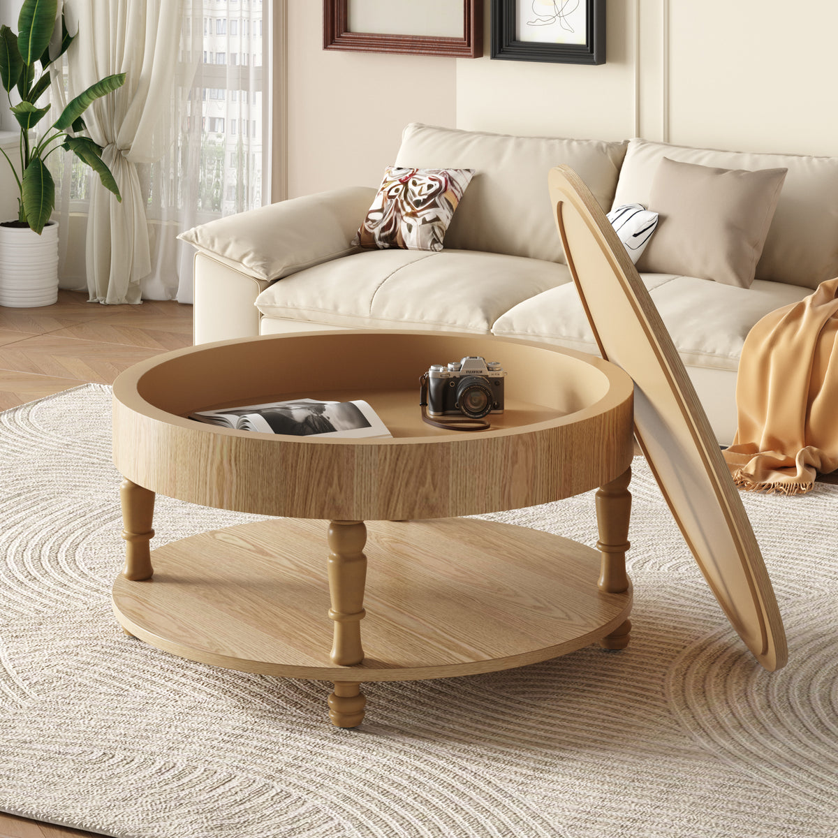 Natural Turned-Leg Round Coffee Table with Hidden Storage, 31.5 in