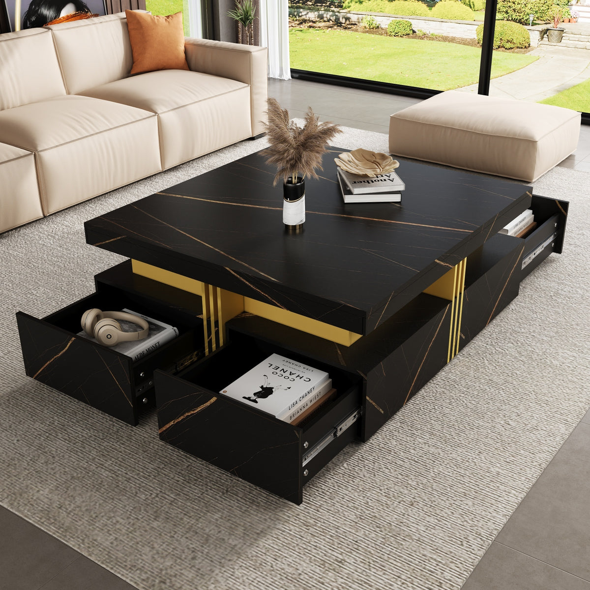 Black and Gold Marble-Look Square Coffee Table with 4 Drawers, 43.3 in
