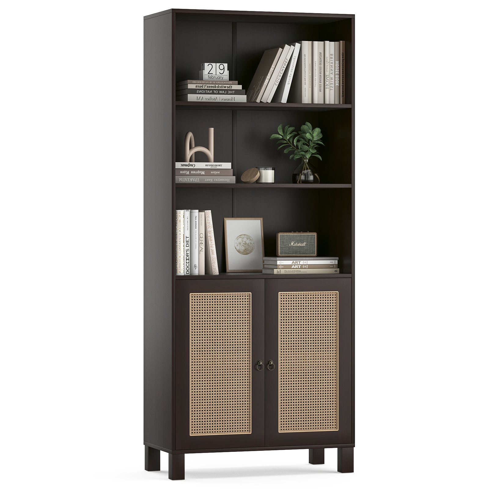Rattan Bookcase, 5 Shelves, 70.9 in Tall, Walnut