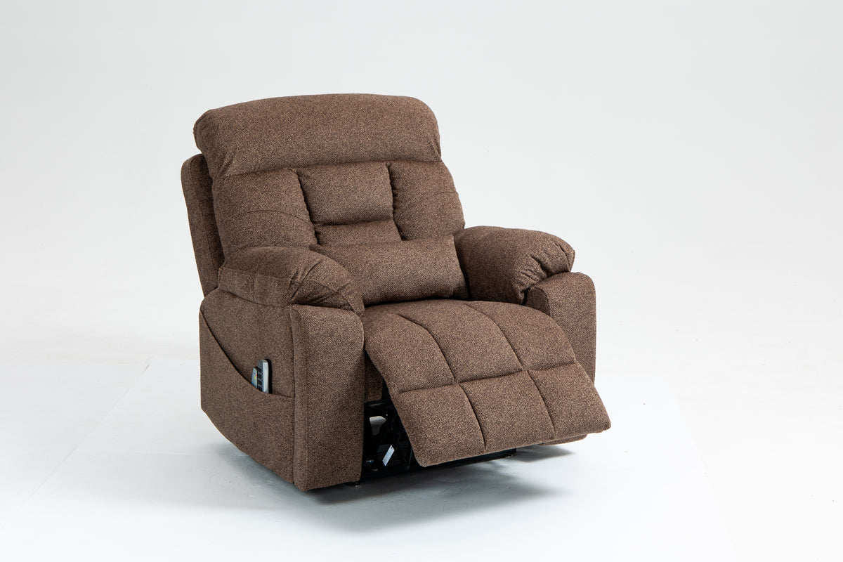 Brown Velvet Power Lift Recliner, Massage and Heat, Lay-Flat Recline