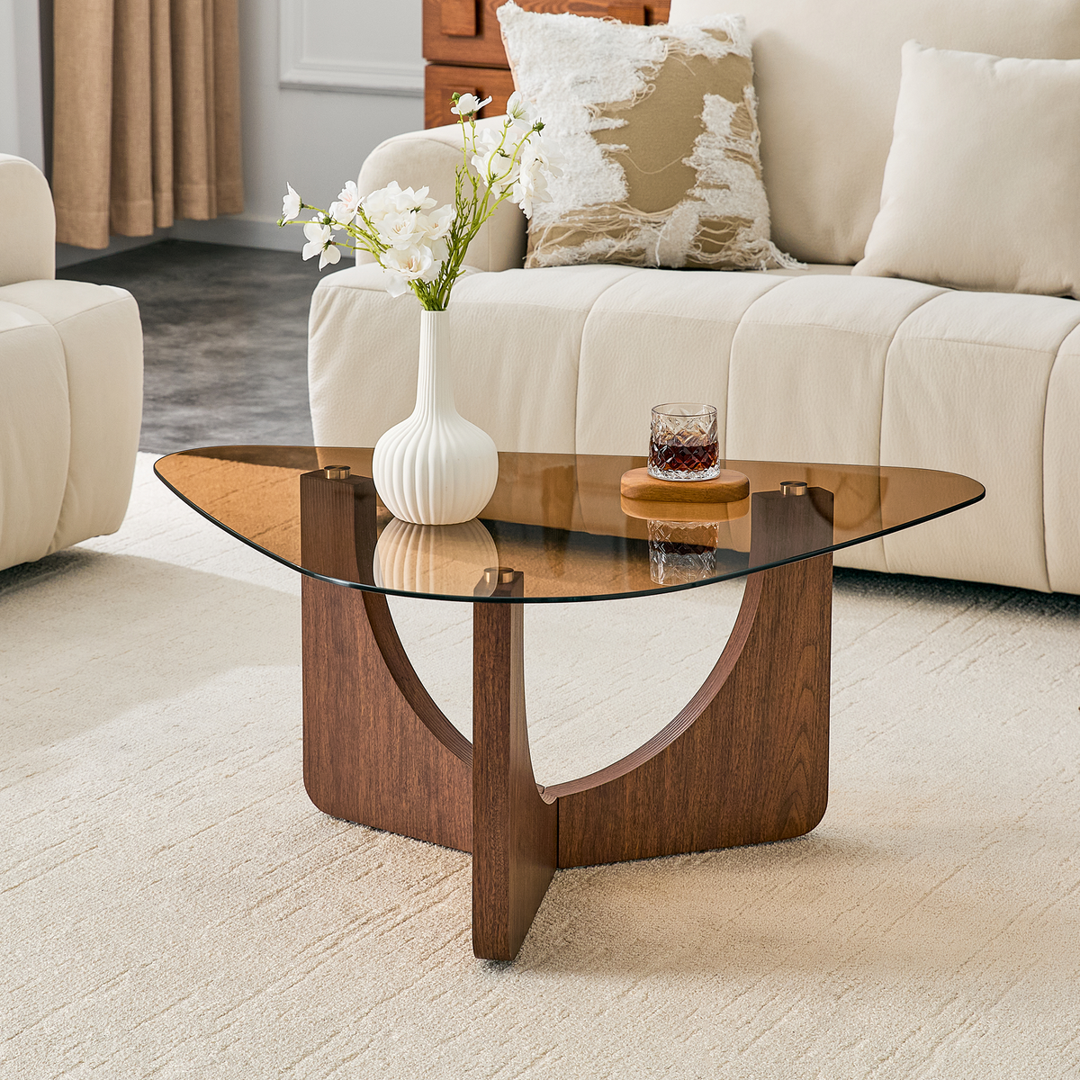 Walnut Mid-Century Triangle Tinted Glass-Top Coffee Table, 35.4 in