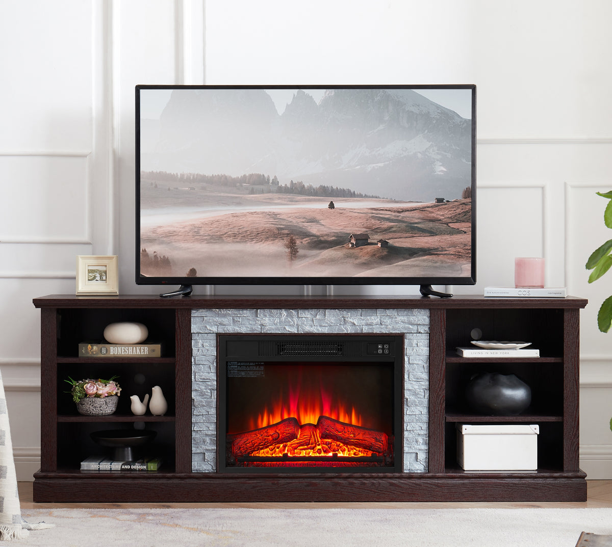 Espresso Fireplace TV Stand, 70.1 in Wide, Open Shelves
