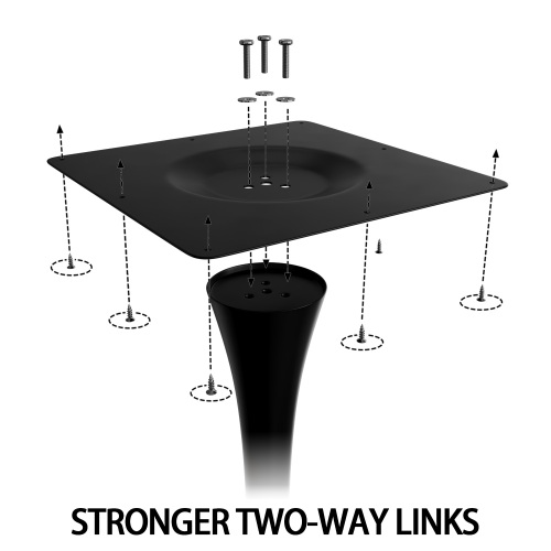 Assembly diagram of the tabletop mounting plate and screws, labeled stronger two-way links