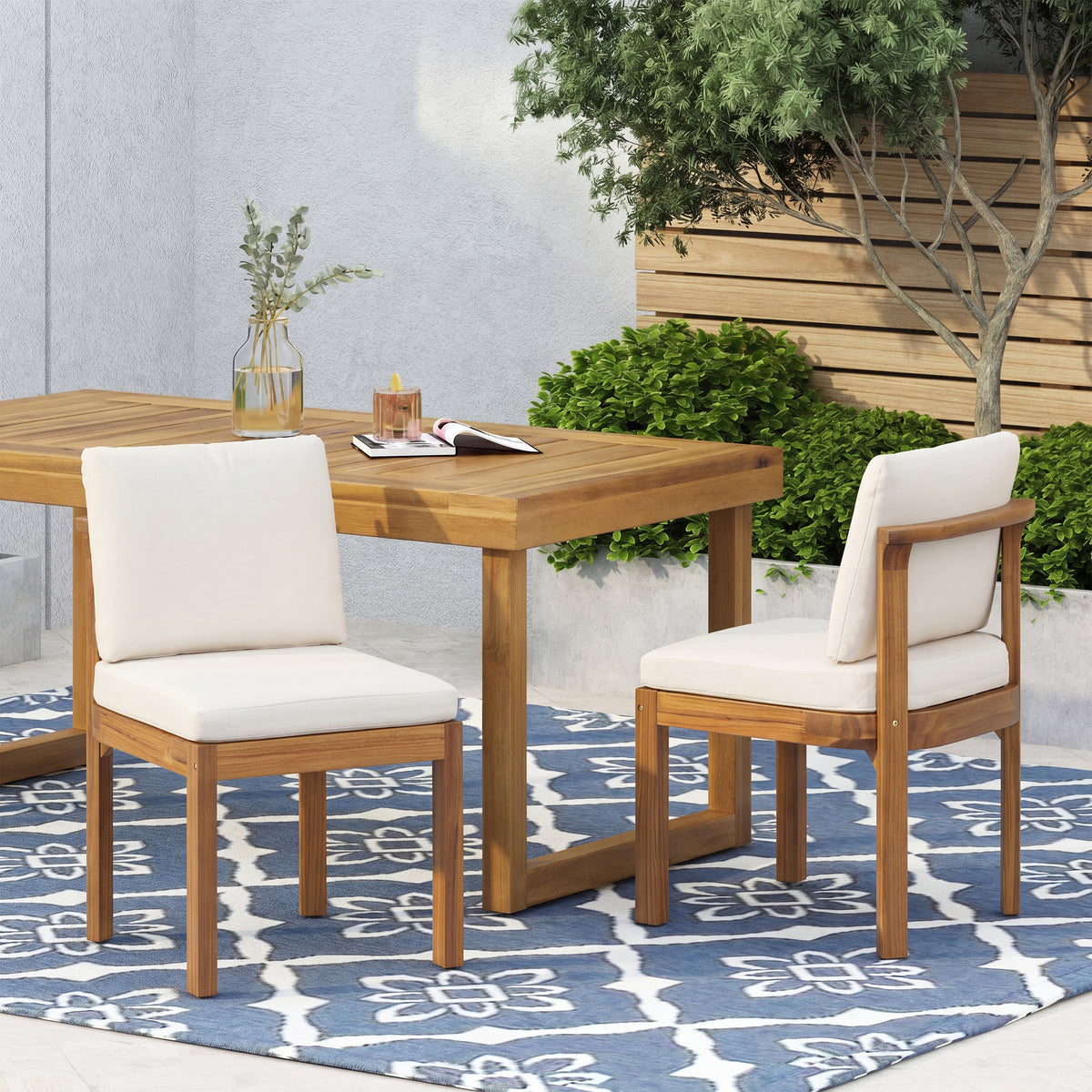 Teak Finish Solid Wood Outdoor Dining Chair, Set of 2, 27.3 in Tall
