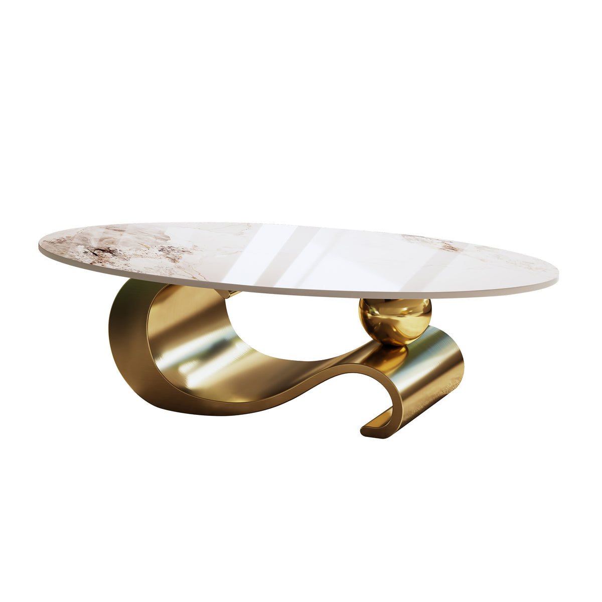 White and Gold Sintered Stone Sculptural Oval Coffee Table, 49.2 in