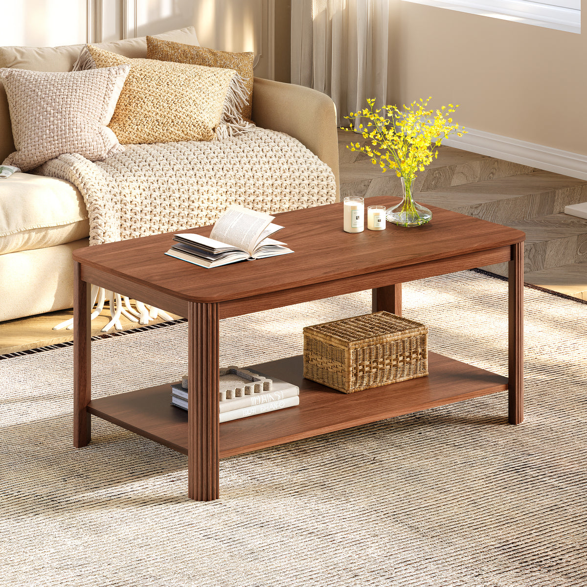 Walnut Fluted-Leg Rectangular Coffee Table with Shelf, 39.4 in