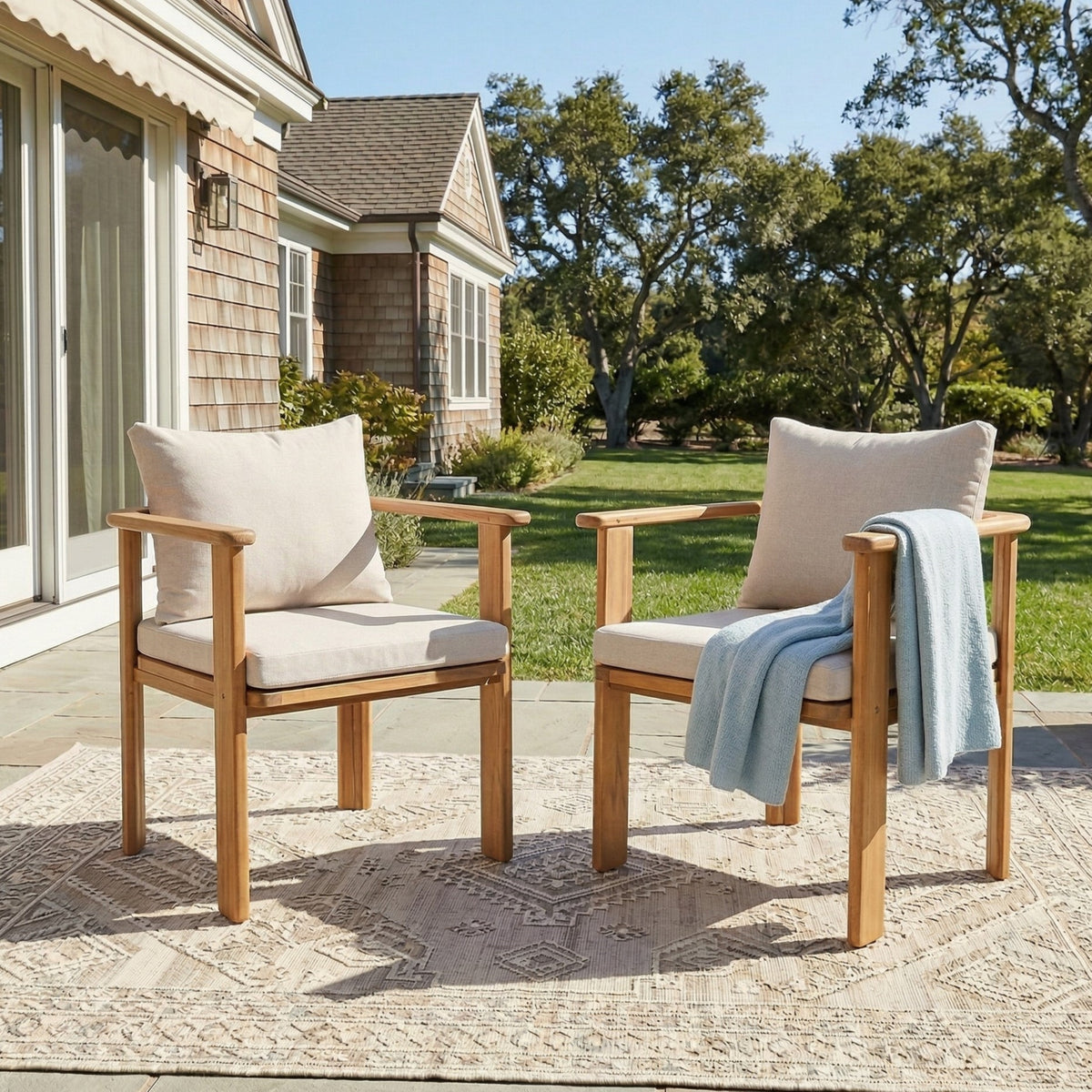 Teak Finish Solid Wood Outdoor Dining Chair, Set of 2, 25.8 in Tall