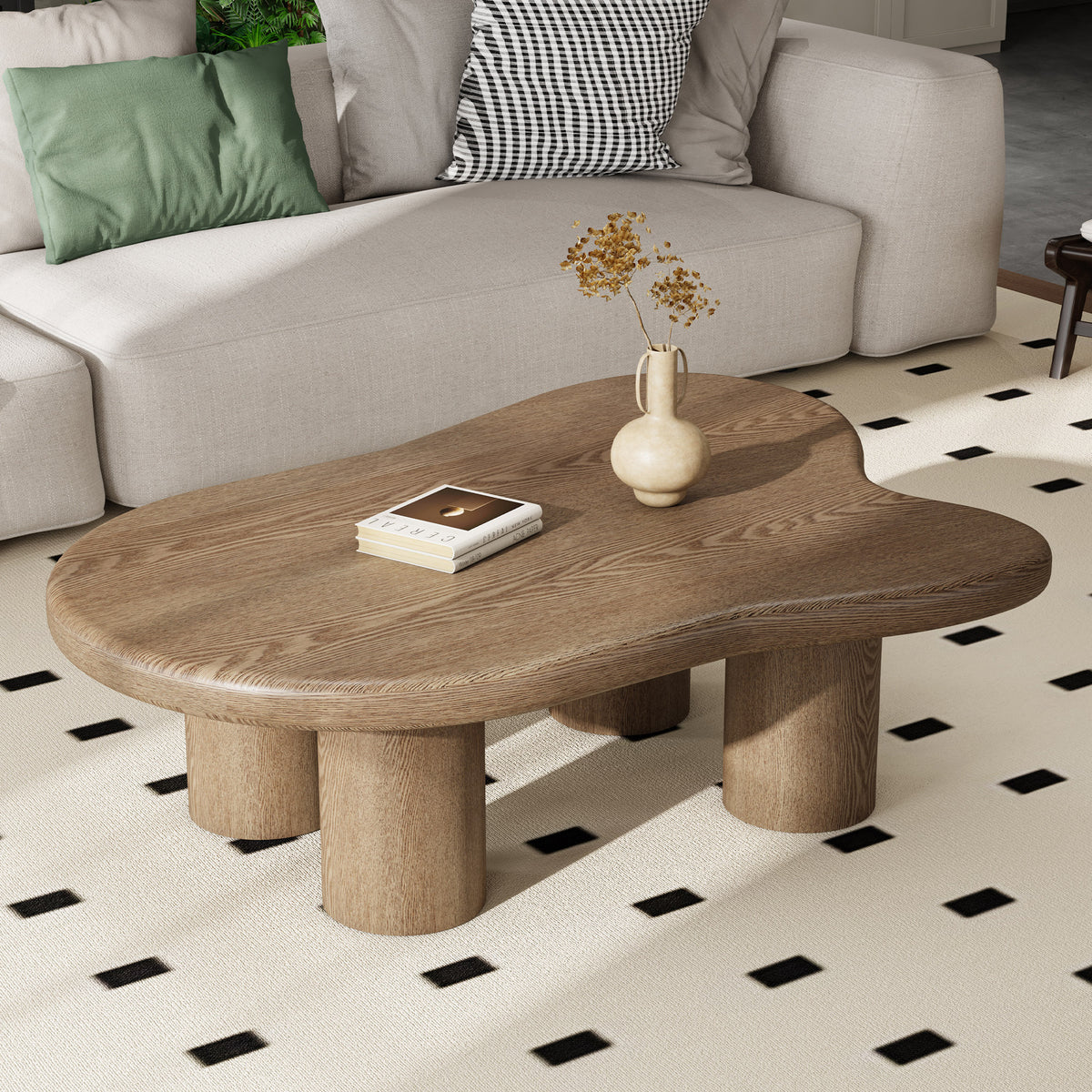 Brown Organic-Shaped Pillar-Leg Coffee Table, 41.7 in