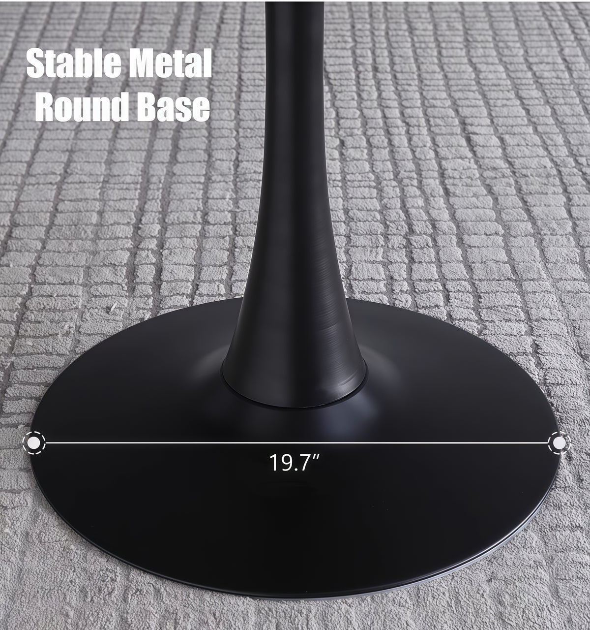 Close-up of the black metal round pedestal base of the bistro table on gray carpet, labeled 19.7 inch
