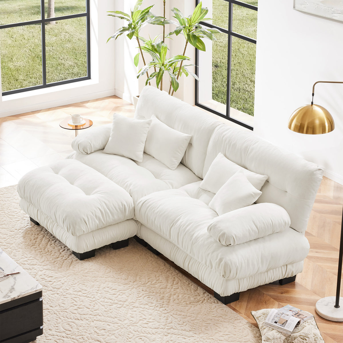 White Chenille 2-Seat Couch with 1 Ottoman