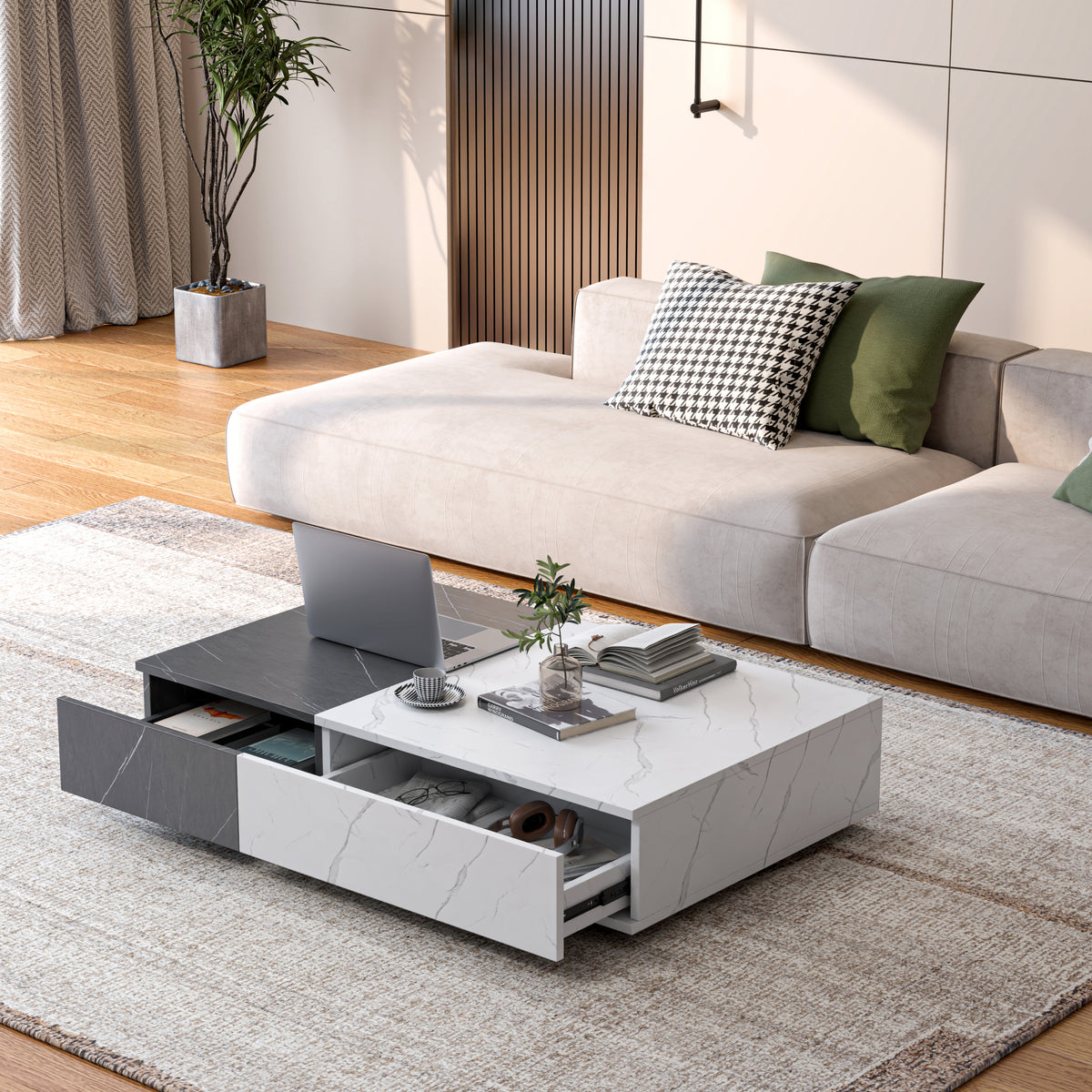 White and Gray Marble-Look Rectangular Coffee Table with Drawers, 51.2 in