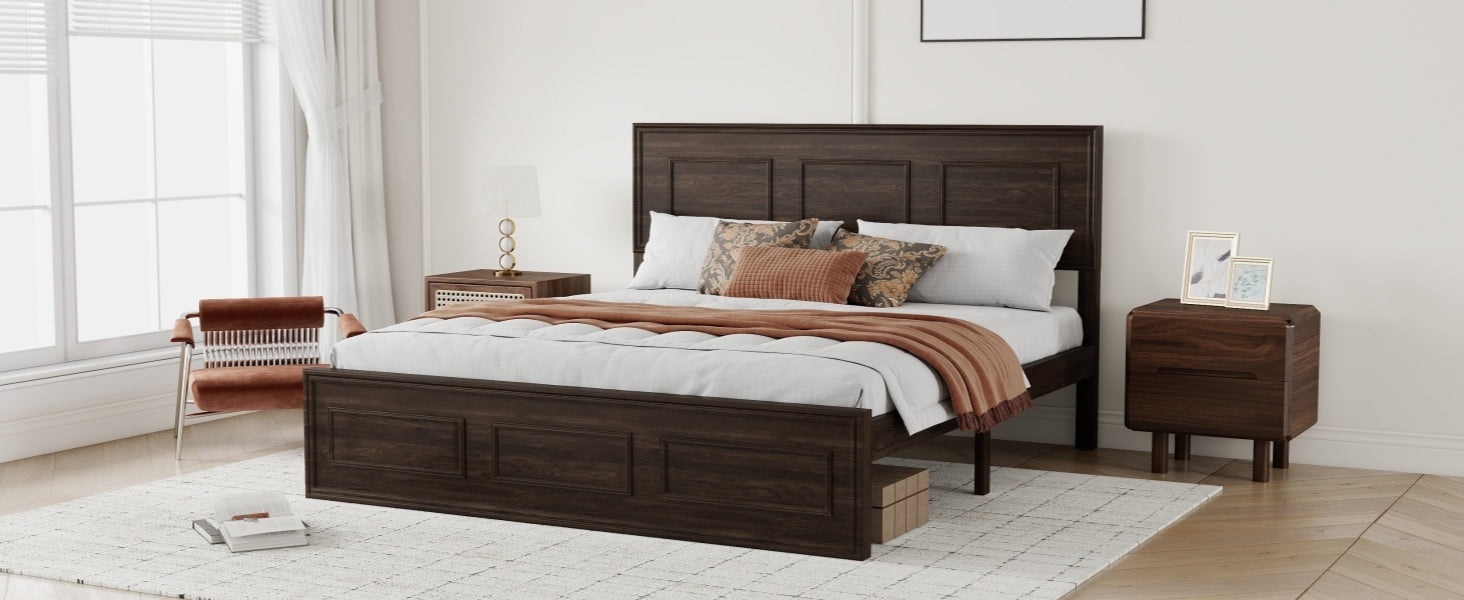 Angled view of rich brown wood queen bed with rust bedding, nightstands and chair #Color_Rich Brown