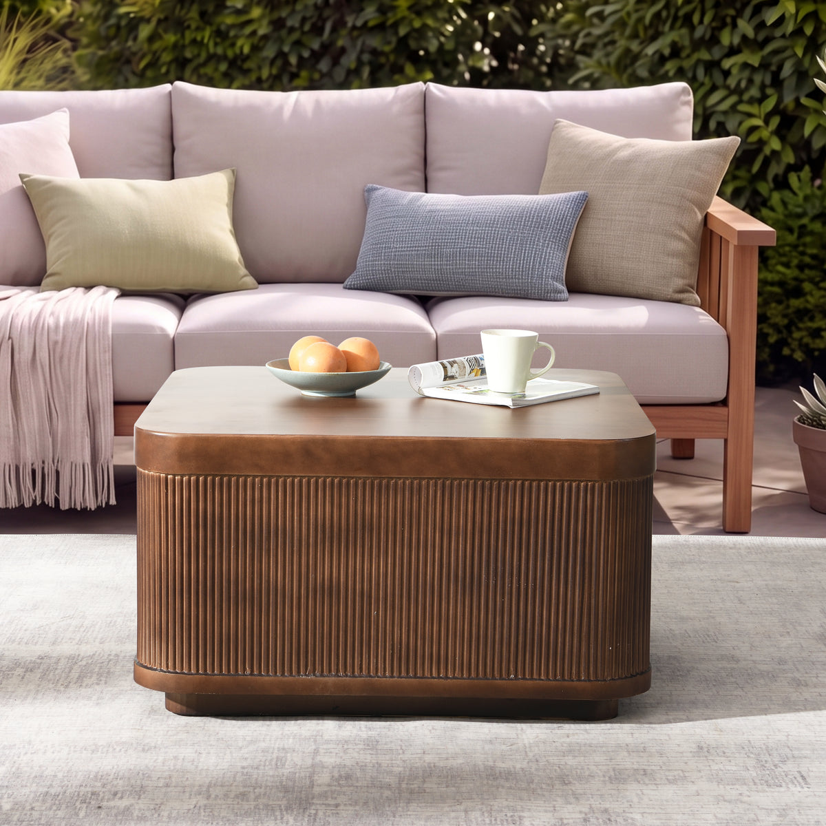 Brown Fluted Square Indoor Outdoor Coffee Table, 32 in