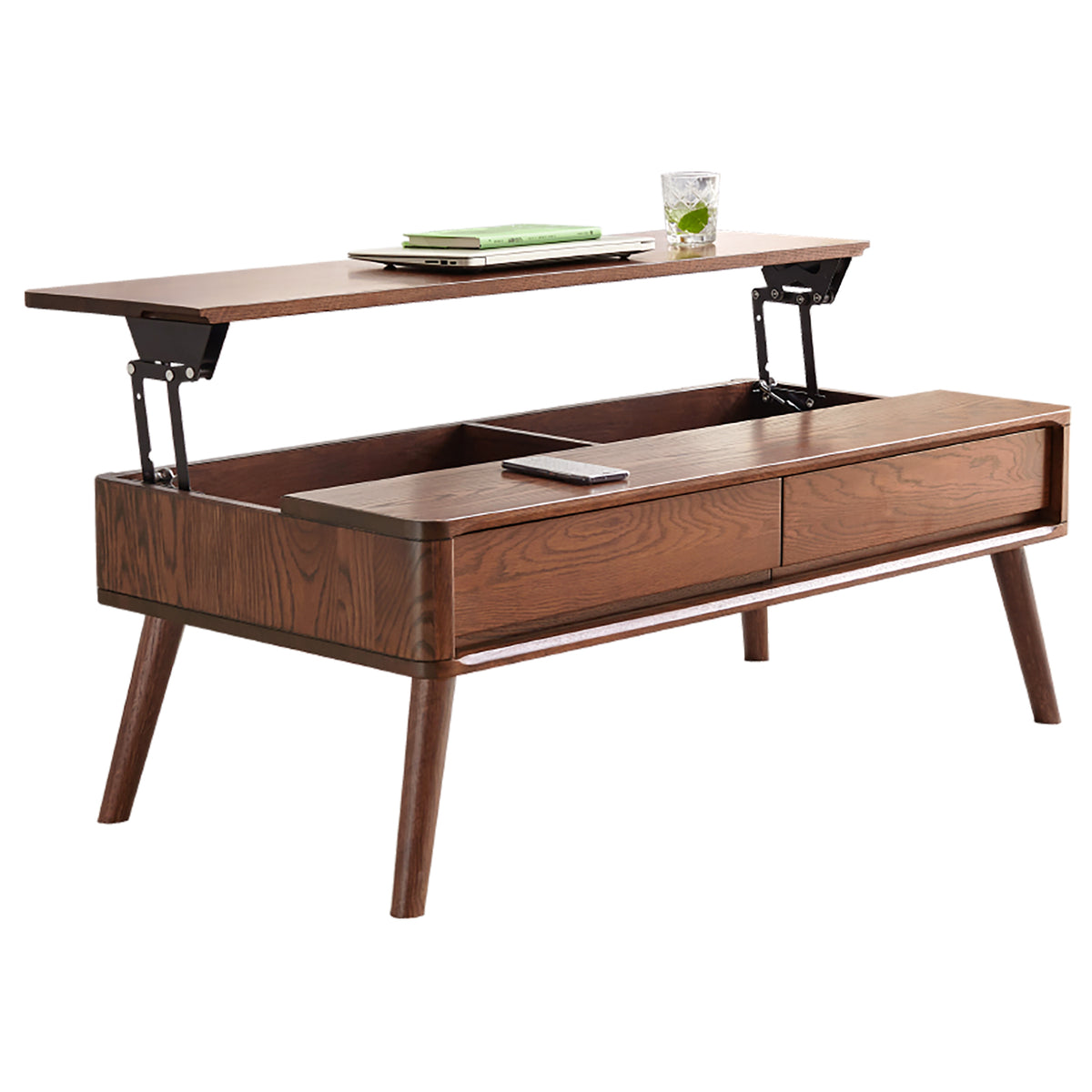 Walnut Solid Oak Mid-Century Lift-Top Coffee Table with Drawers, 47.2 in
