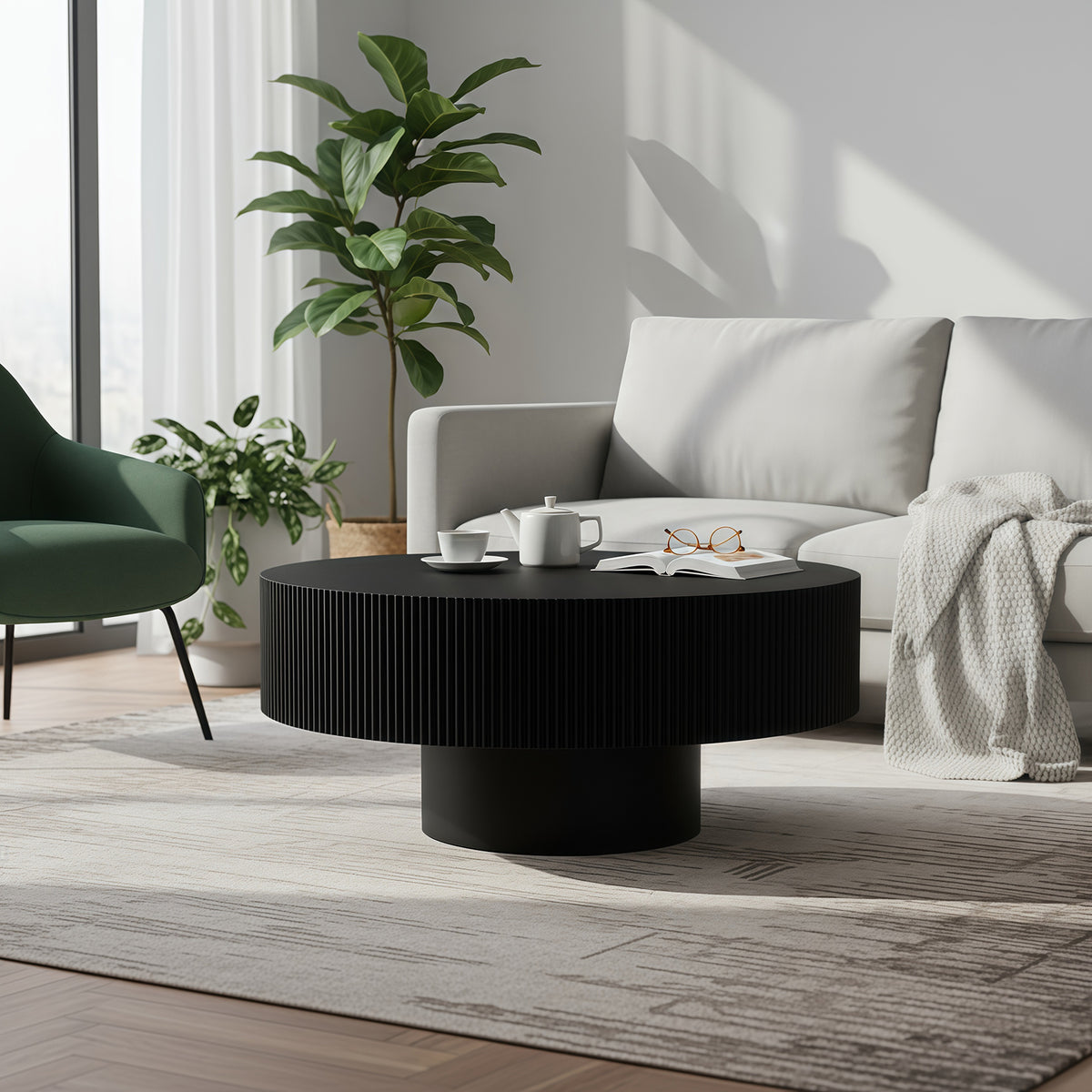 Black Fluted Round Pedestal Coffee Table, 30.3 in