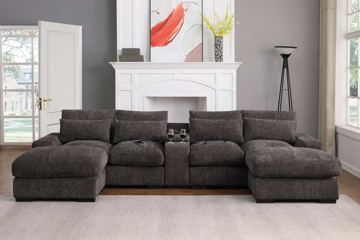 Charcoal Velvet Reclining Sectional with 2 Ottomans, 134.7 in Wide