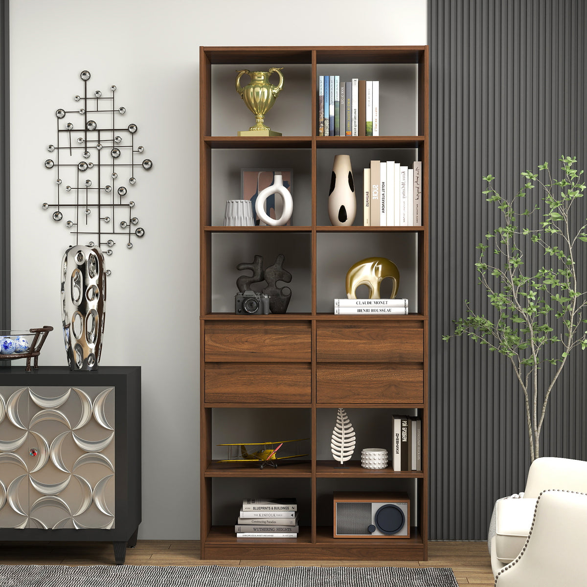 Modern Storage Cabinet, 4 Drawers, 70.9 in Tall, Walnut