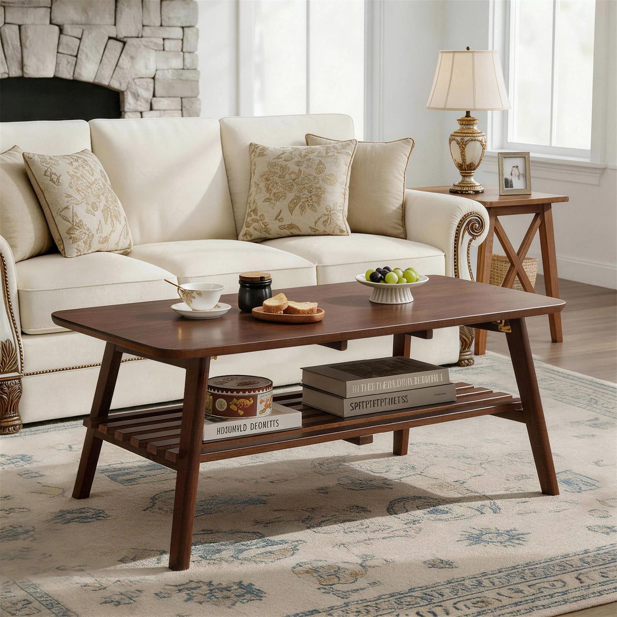 Walnut Mid-Century Solid Wood Folding Coffee Table with Shelf, 47.2 in