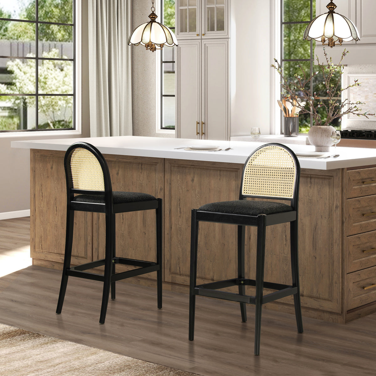 Bar Stool Set of 2, Cane Back with Black Boucle Seat, Oak Frame