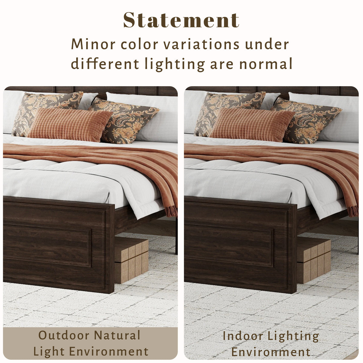 Comparison of the rich brown bed footboard shown under outdoor and indoor lighting