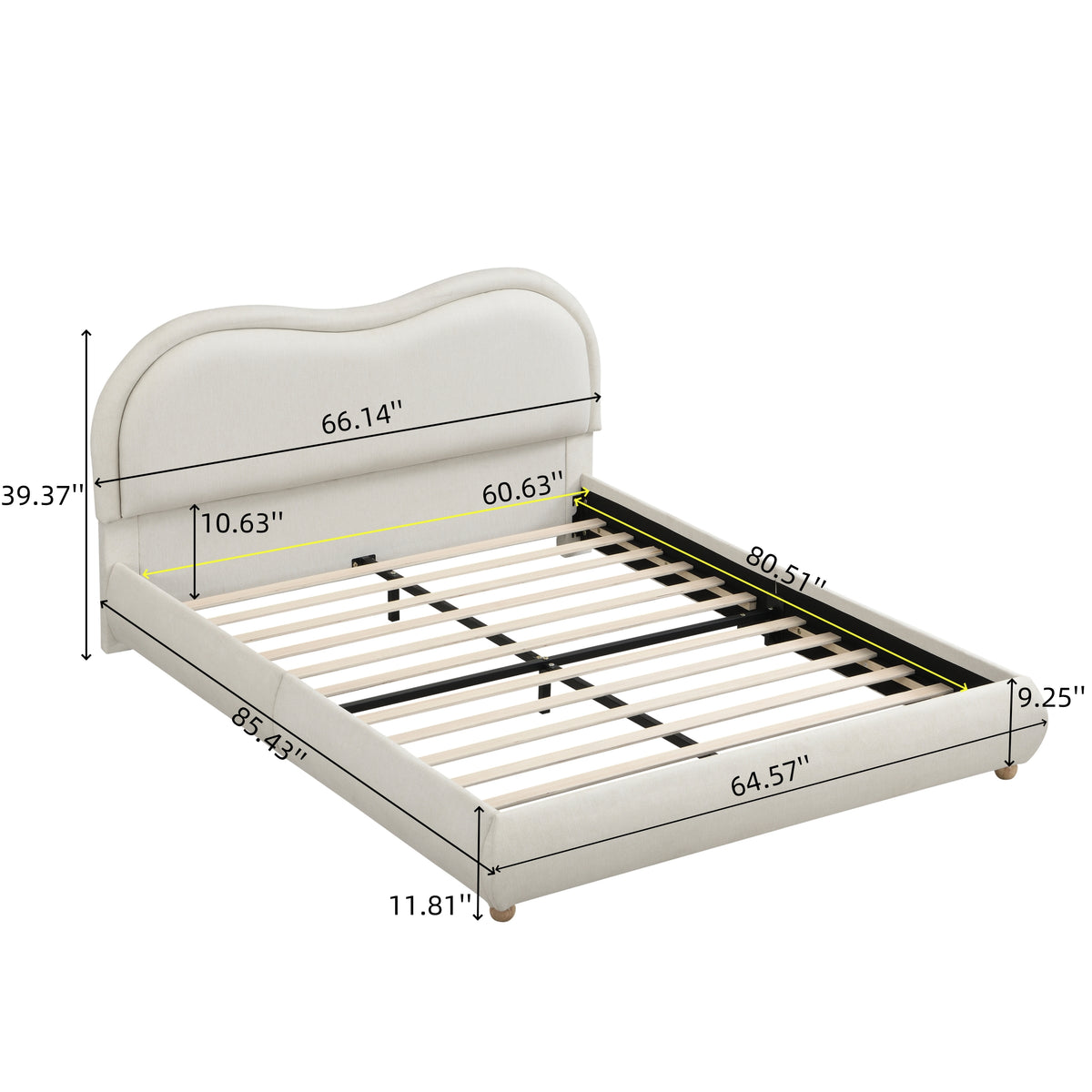 Front view of beige chenille queen platform bed frame with wavy headboard and wood slats, white background