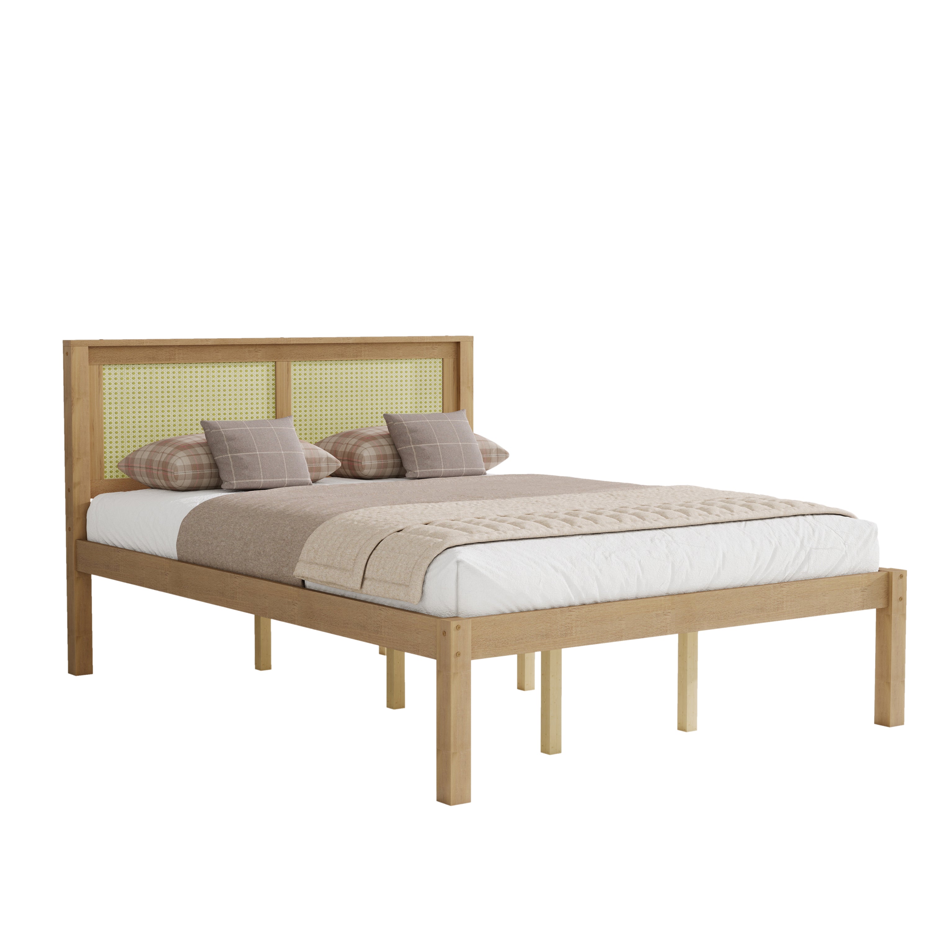 Studio photo of the natural wooden queen bed with cane headboard and plaid pillows on white