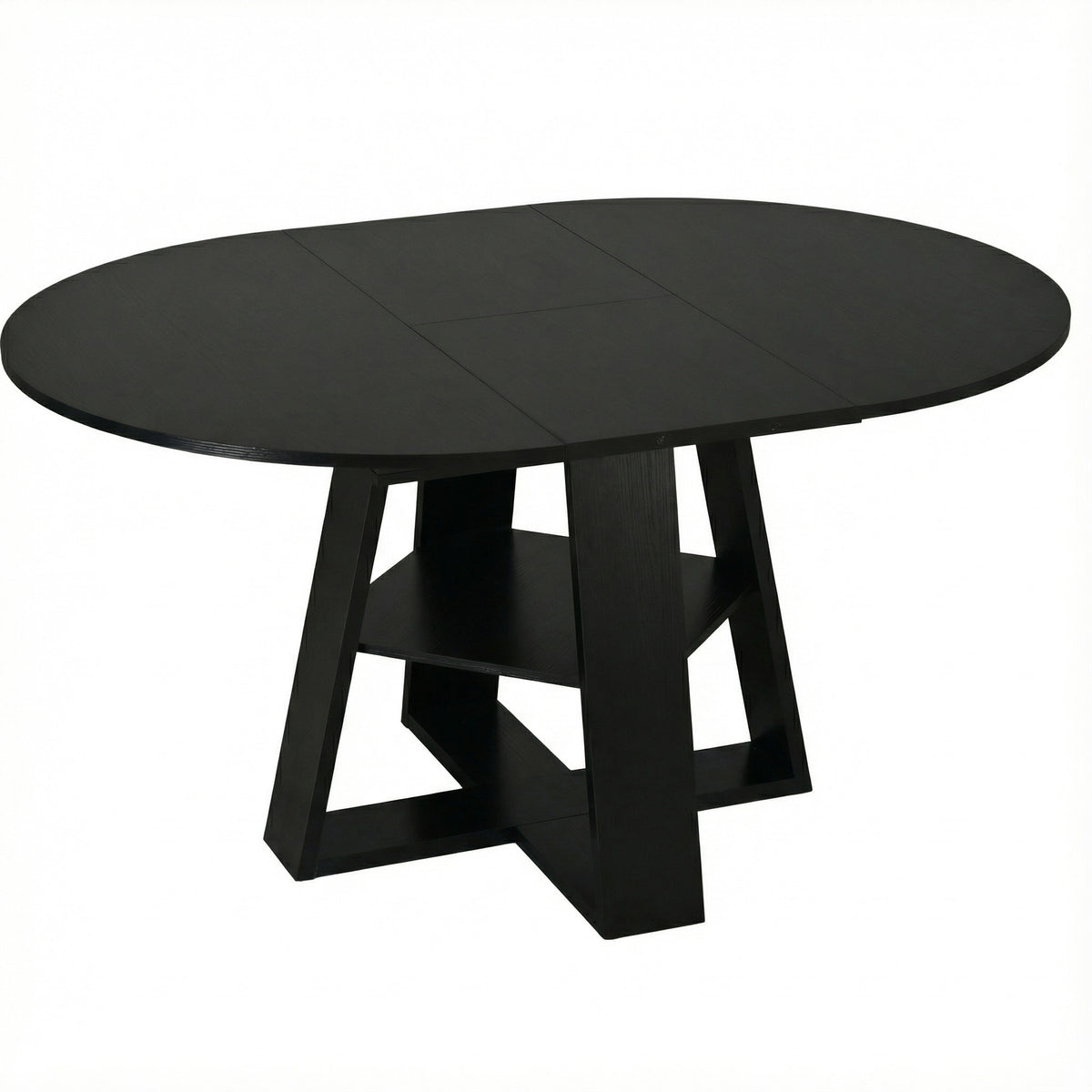 Front studio view of the black table extended to an oval shape