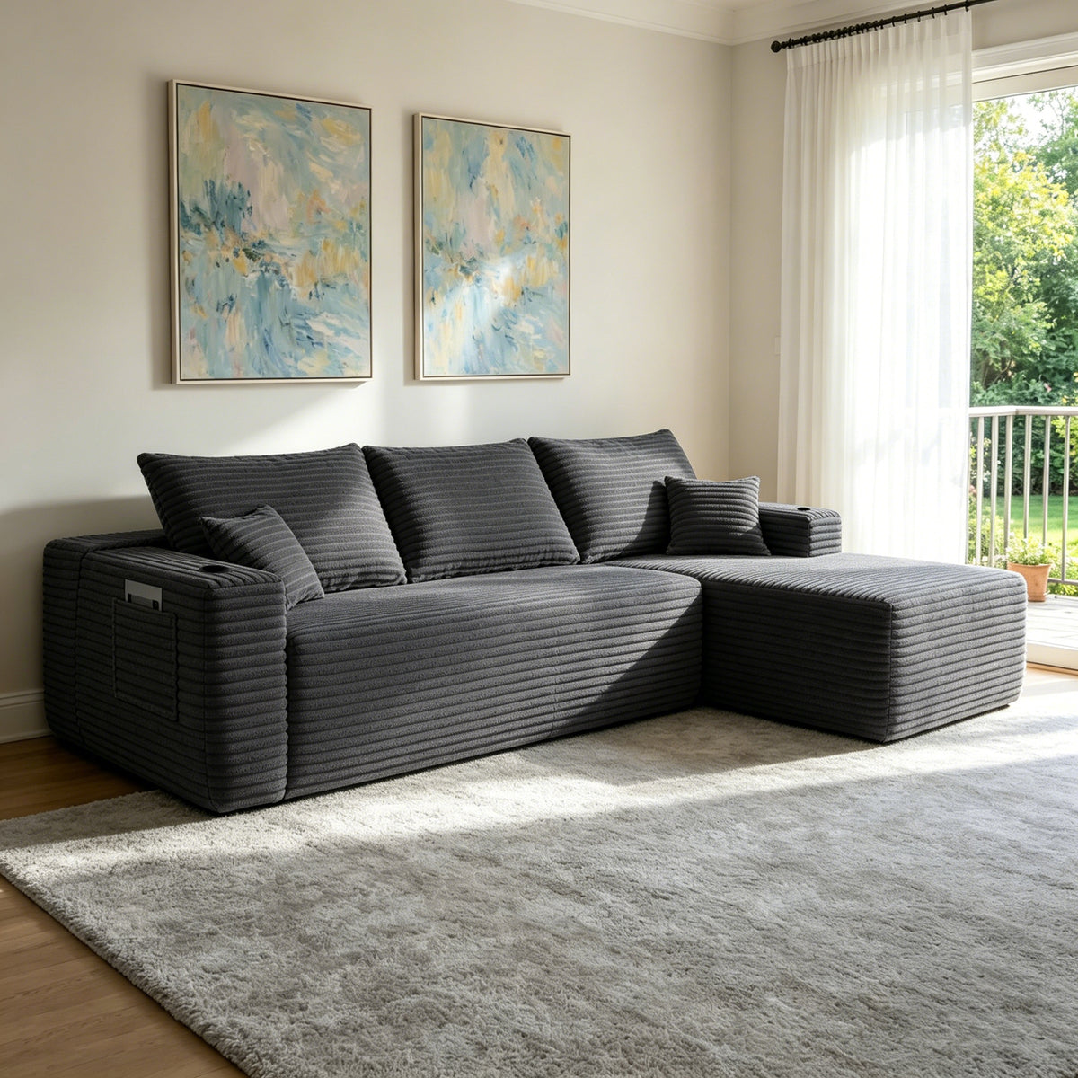 Gray L-Shaped Modular Sectional, 108 in Wide, Right-Facing Chaise