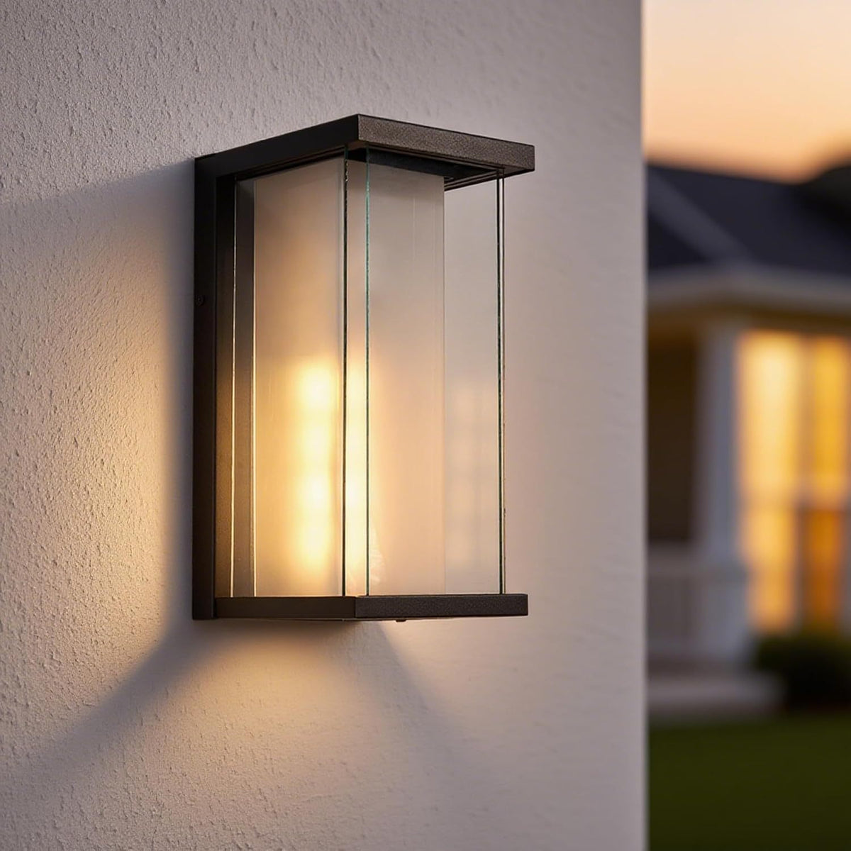 Outdoor Wall Sconce with Glass Shade, Dusk-to-Dawn, Black